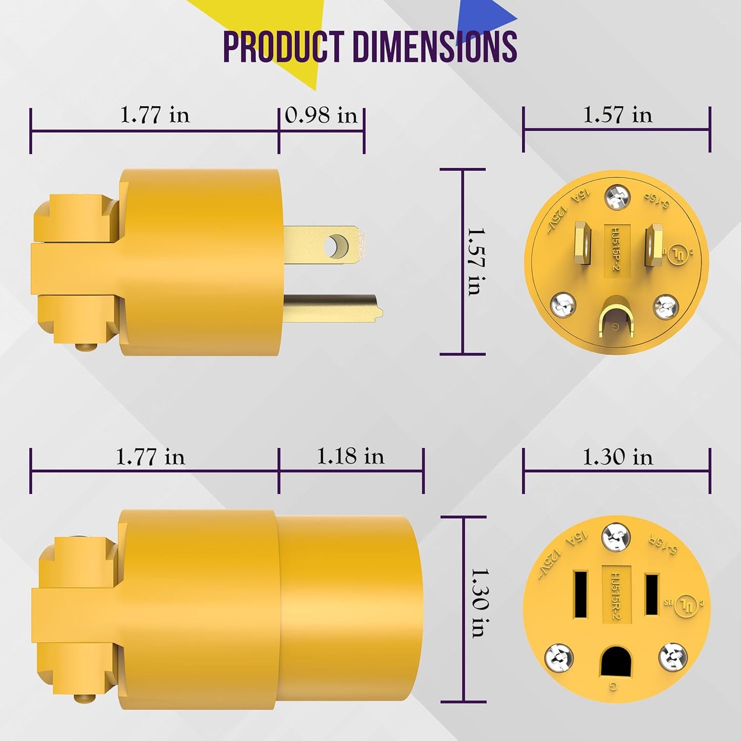 ENERLITES Electrical Replacement Plug & Connector Set, Extension Cord Ends Male and Female, 15 Amp 125 Volt, Straight Blade Plug Grounding Type, NEMA 5-15P & 5-15R, UL Listed, 66202-Y, Yellow