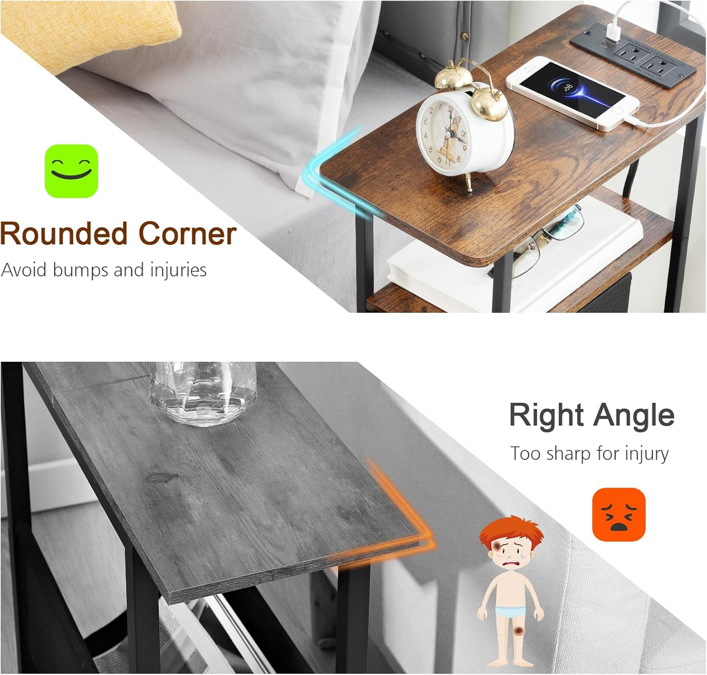 Narrow End Table Living Room with Charging Station, Skinny Side Table with Fabric Drawers, Slim Nightstand for Bedroom, Small Spaces, Couch, Brown, HETNDP03BR-1