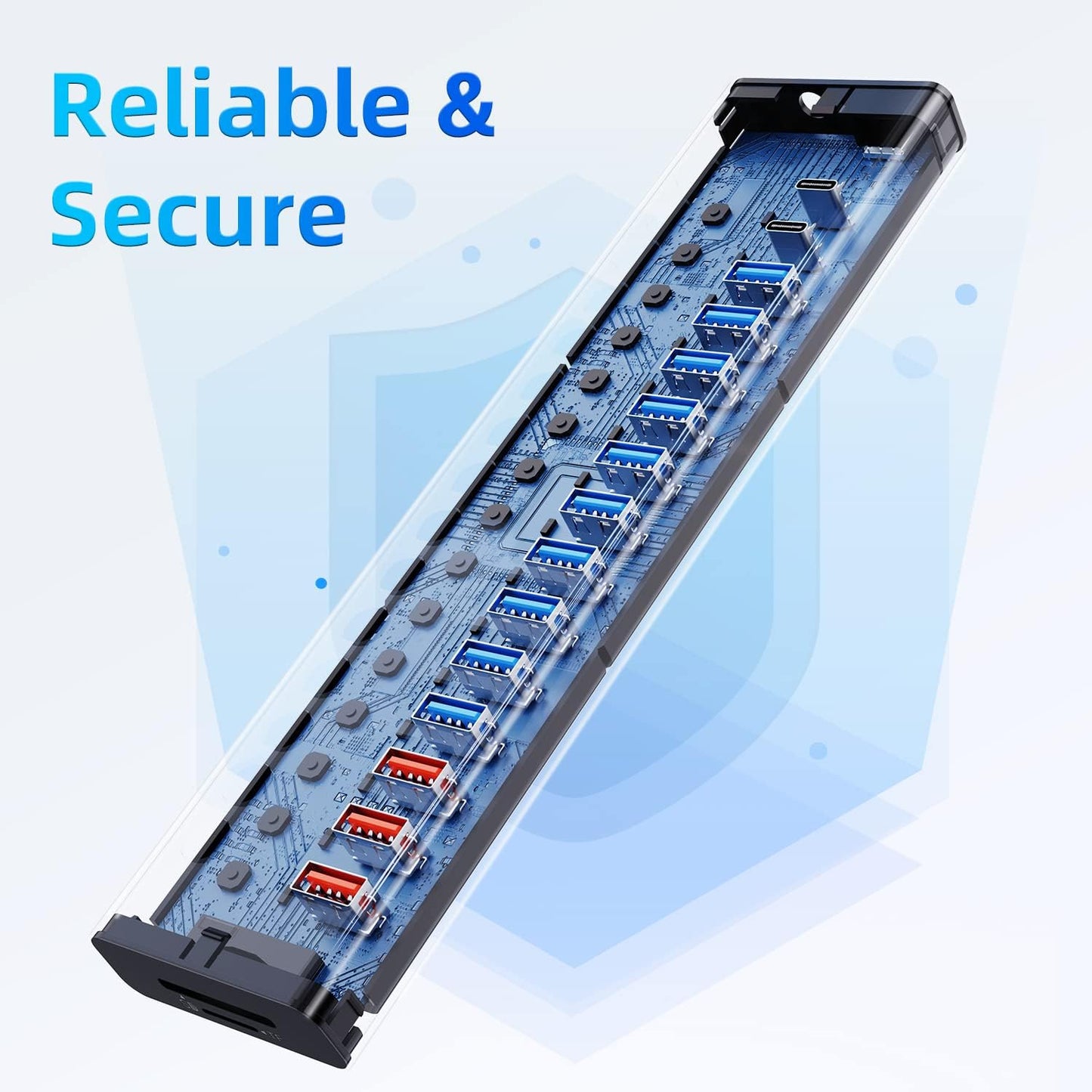 Powered USB Hub 10Gbps, 17 Ports 96W USB 3.2 Hub(10 USB-A 3.2 Ports+3 QC 24W Fast Charging Ports+2 USB-C 3.2 Ports+SD/TF Card Reader), 12V/8A Power Adapter for Laptop, PC, Computer, HDD,Flash Drive