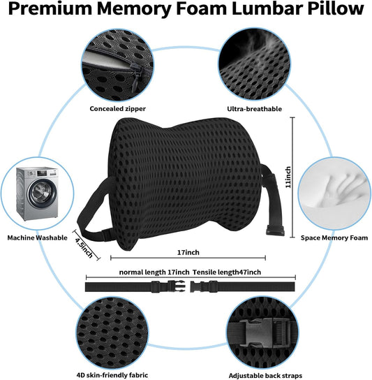 Lumbar Support Pillow with Adjustable Straps for Lower Back Pain Relief. Memory Foam Lumbar Support Pillow for Car, Bed, Office Chair, Gaming Chair, Recliner, Improves Posture Black