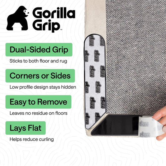 GORILLA GRIP Rug Gripper Pads Keep Area Rugs Corners from Curling, Reusable Double-Sided Stickers Holds Down Carpet in Place, Grips on Tile and Hardwood Floors Helps Prevent Sliding, Home Décor, 8 Pcs