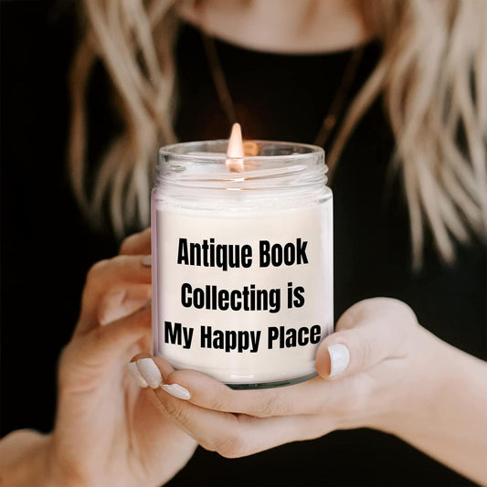Generic Antique Book Collecting Gifts | Antique Book Collecting is My Happy Place | 9oz Vanilla Soy Candle Gifts from Daughter for Father's Day Memorable Gifts, White