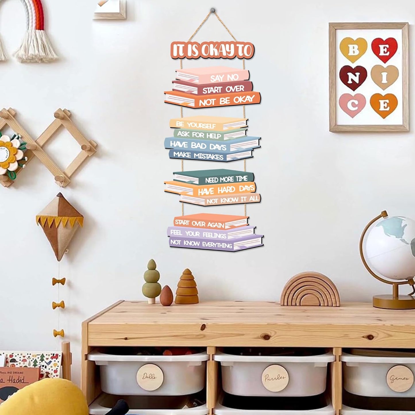 5 PCS Wooden Kids Inspirational Wall Art Sign It is Okay to Wall Decor for Boys Girls Bedroom Boho Nursery Hanging Plaque Motivational Quotes Signs Decor for Classroom Playroom Toddler Room Supplies