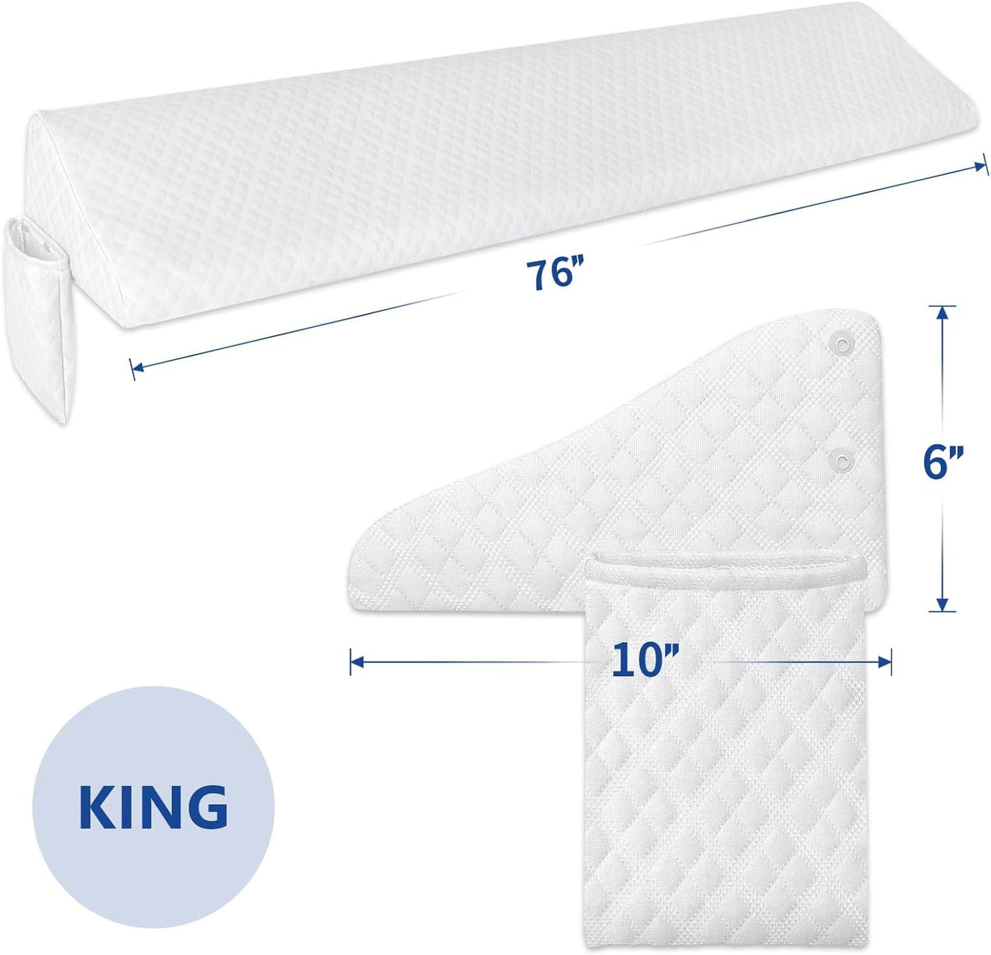 Kayfia King Size Bed Wedge Pillow for Headboard Bed Gap Filler with Pocket Close Gap (0-8") Prevent Pillow Loss Triangle Foam Mattress Filler for Gap Between Wall and Mattress (White, 76"x10"x6")
