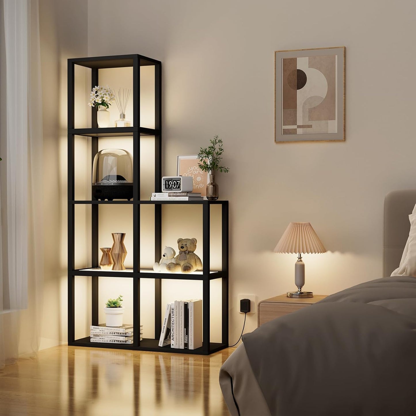 Display Shelf with LED Light Standing Floor Lamp with Glass Storage Shelves for Collectibles, 5 Tier Tall Corner Shelf Open Curio Cabinet for Living Room, Bedroom, Office, Home Decor