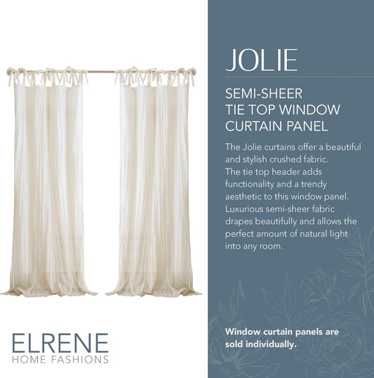 Elrene Home Fashions Jolie Crushed Semi-Sheer Window Curtain, Adjustable Tie-Top Single Panel, 52" x 95" (1 Panel), Ivory
