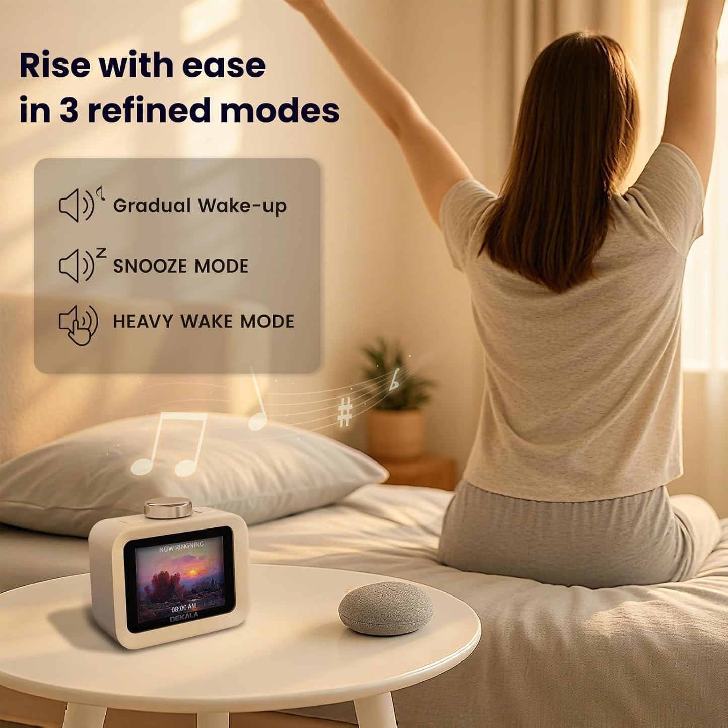 Dekala ChronoSense Alarm Clock for Bedroom Temperature Humidity, 7-Day Programmable 4 Alarms, 100dB Loud Gradual Alarm for Heavy Sleeper, Visual Timer Clock Radio,White Noise Sound Machine