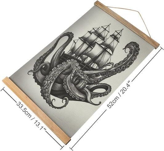 Vintage Black And White Octopus And Ship Poster with Wooden Frame Personalized Linen Hanging Scroll Painting Rustic Wall Hanging Illustrative Modern Artwork Decor for Home Living Room Bedroom Office