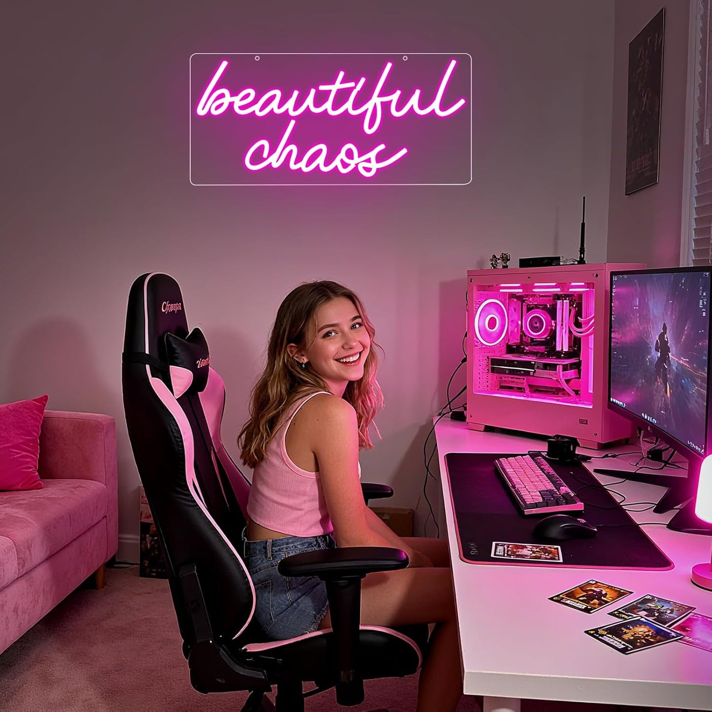 Beautiful Chaos Sign, Beautiful Chaos Led Neon Light Signs for Wall Decor Bedroom Home Bar Birthday Bachelorette Party Café Salon Wall Art Christmas Gift Dimmable USB Powered(16.9" × 7.9")