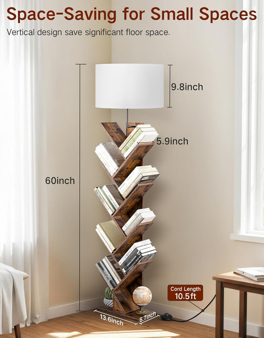 9 Tier Tree Bookshelf with Light, Remote & Timer, Modern Tall Floor Standing Book Shelf, Narrow Wood Bookcase, Small Book Organizer Shelves for Living Room, Bedroom, Office