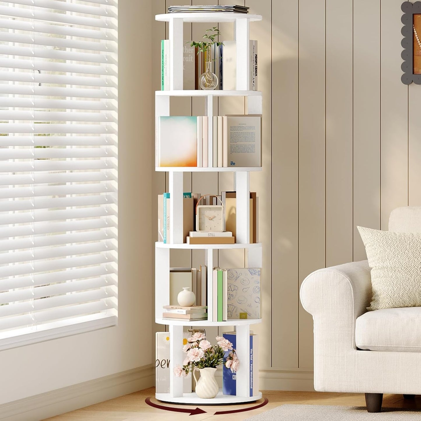 5-Tier Rotating Bookshelf, 360° Spinning Bookshelf Tower, Floor Standing Round Revolving Bookcase, Display Rack for Books, CDs, for Living Room, Study, Bedroom, White BKWT6501