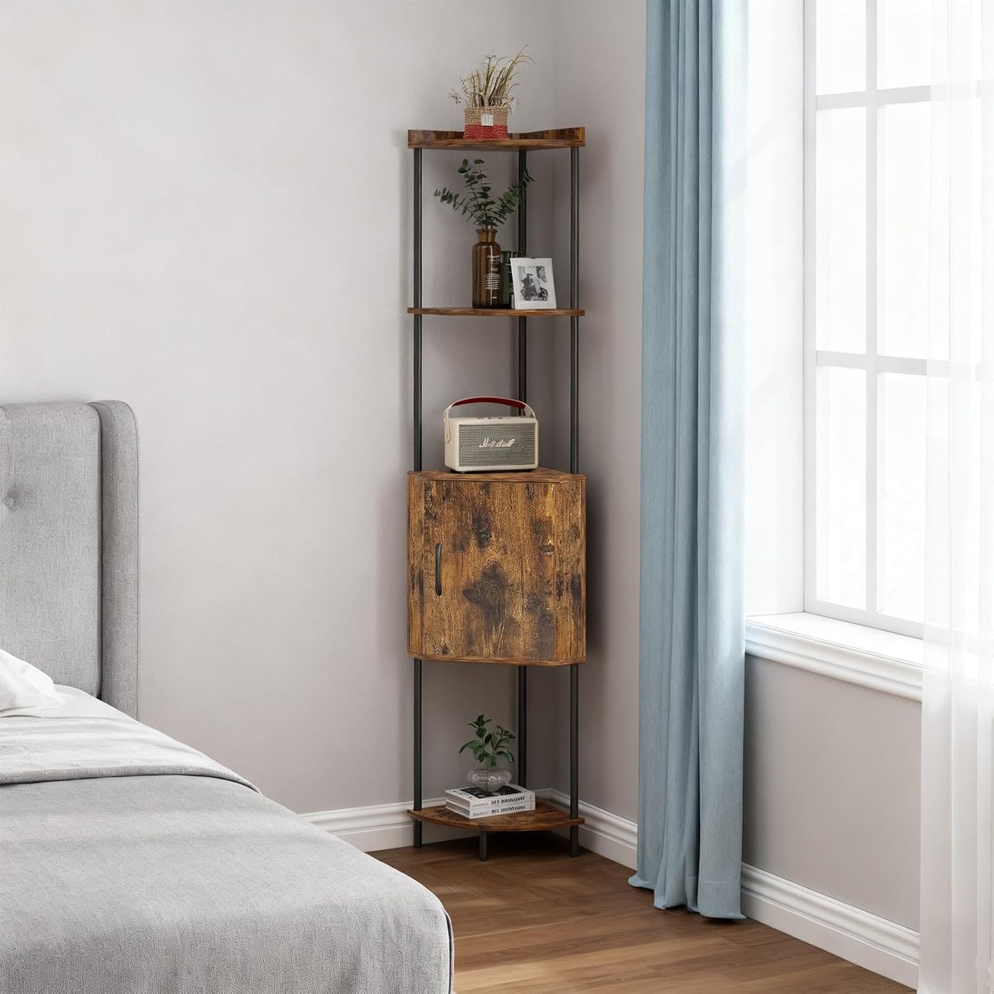 65.7" Rustic Brown Corner Bookshelf with Doors, 5 Tier Tall Corner Cabinet with Storage, Metal & Wood Corner Shelf Unit for Living Room, Bedroom, Kitchen, Bathroom