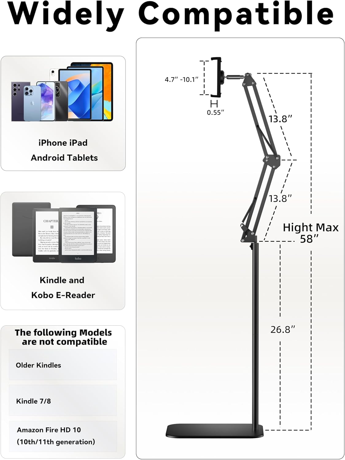 Floor Stand Kindle Holder with Remote Page Turner for Reading in Bed, Tablet Mount with Clicker, Kindle Accessories Tablet Stand Holder for Kindles Tablets iPhones 4.7-12.9 inch(Black)