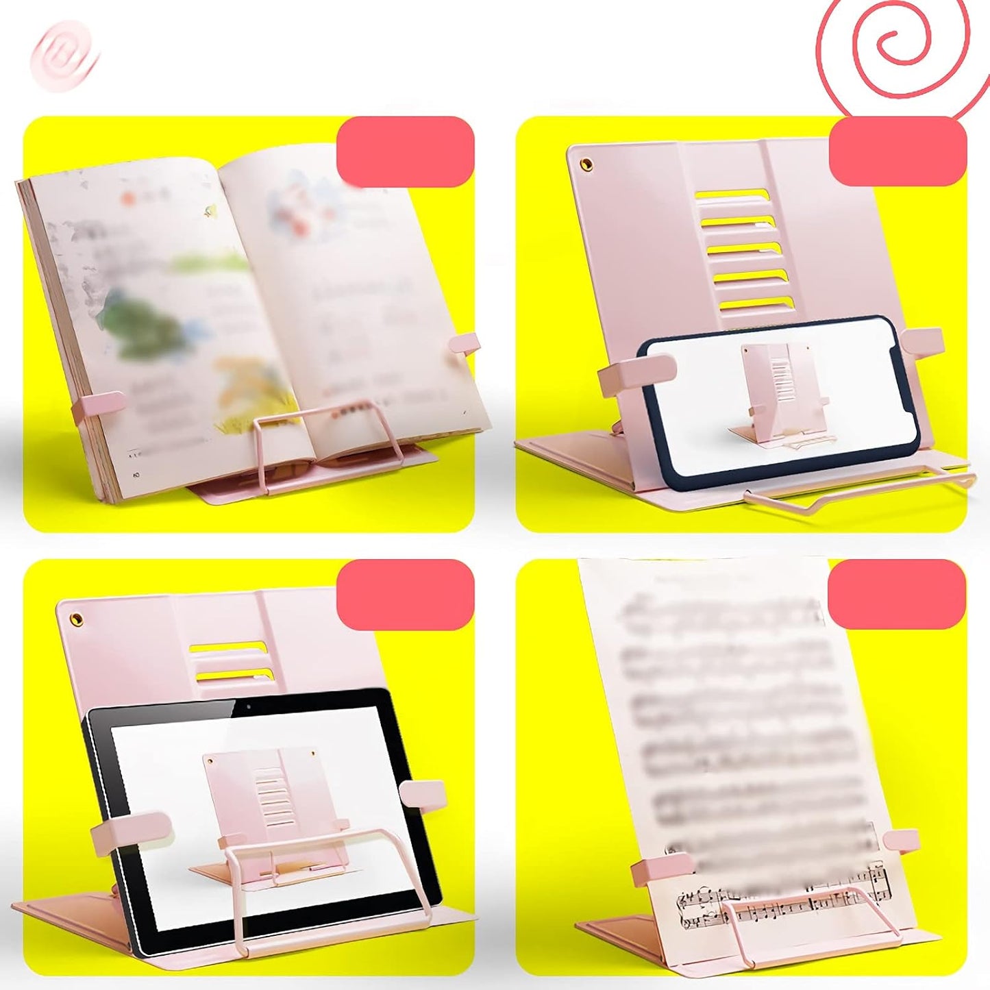 Book Stand Book Stand Metal Reading Stand Book Holder Adjustable Height for Desk Foldable Cookbook Textbook Tablet Portable 8.3 x 7.5 inch (Color : Mug) (Pink)