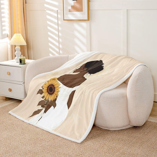 Feelyou Black Woman Throw Blanket African American Soft Fleece Sherpa Cozy Fuzzy Plush Warm Sunflower Fuzzy Plush Throw Throw 50"x60" for Bed Couch Living Room