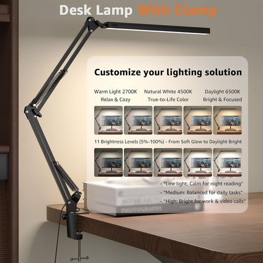 Upgrade Swing Arm LED Desk Lamp with Clamp, 80 LED Beads, 5 Color Modes & 11 Brightness Levels, 360° Adjustable Arm, Eye-Caring Light CRI95, Timer & Memory Function, for Office, Study, Crafting