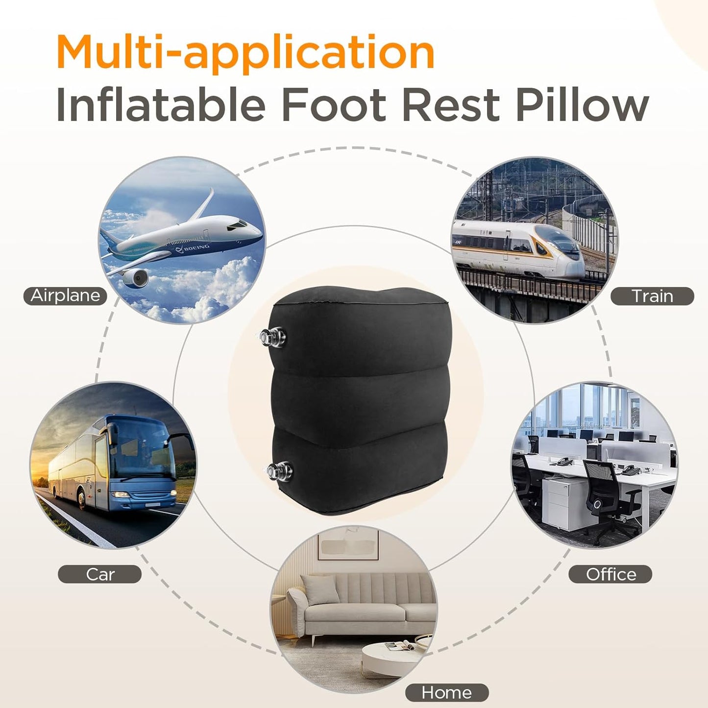 HOMCA Inflatable Travel Foot Rest Pillow (2-Pack) Adjustable Height Leg Pillow Fast Inflating Airplane Bed for Toddlers Footrest Pillow for Office, Airplane, Train, Cars, Home (Black)