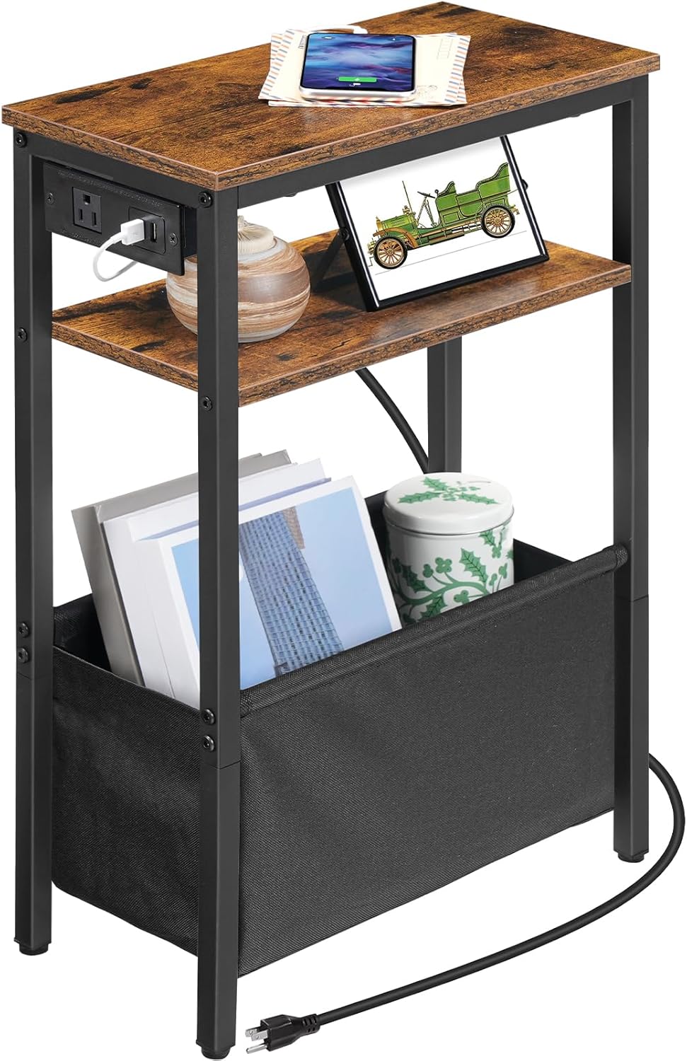 HOOBRO Small Narrow Side Table, Skinny End Table with Charging Station, Extra Slim Nightstand with Storage for Small Spaces, Thin End Table for Living Room, Rustic Brown and Black BF125UBZ01