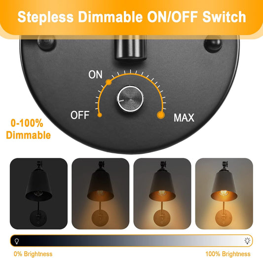 HOXIYA DIMMABLE Swing Arm Plug in Wall Lamps Set of 2, Plug-in Wall Sconce with Dimmer Switch Cord, Matte Black Metal Industrial Reading Light Fixture Wall Mounted for Bedside Bedroom Living Room