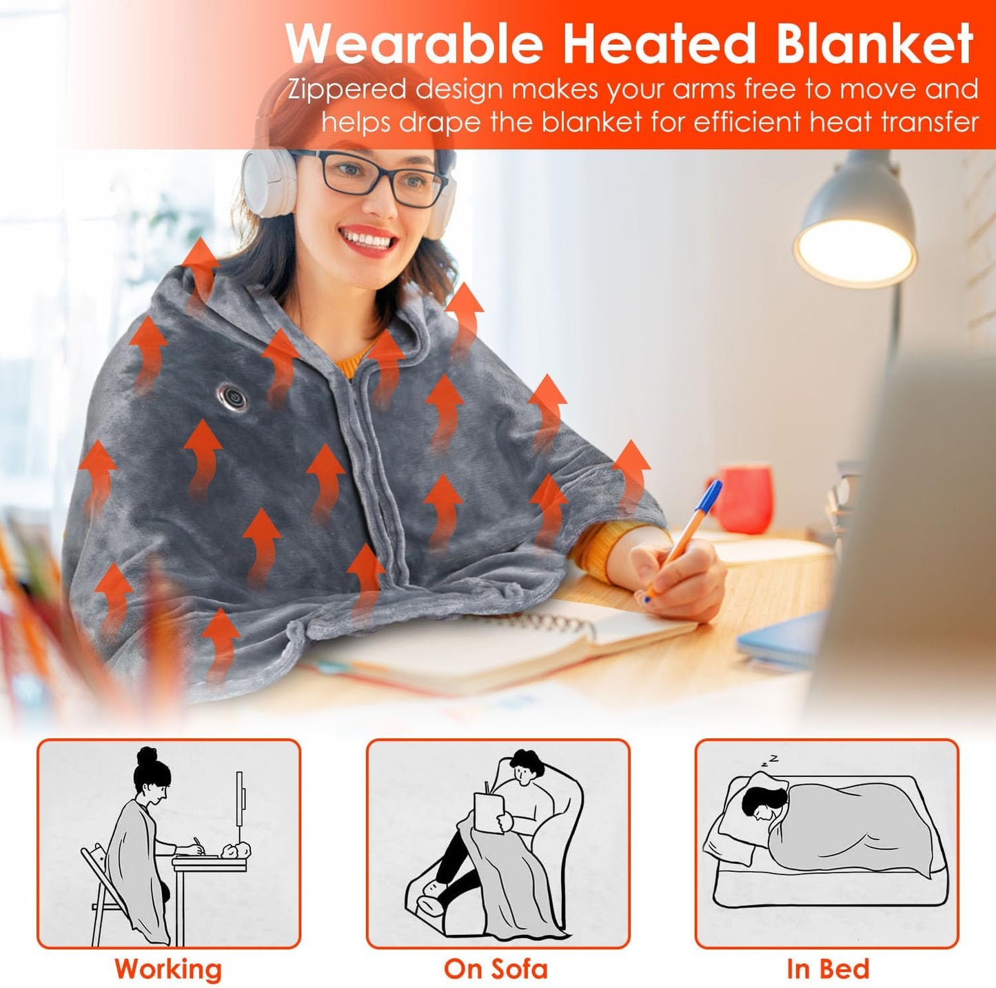 iMounTEK Electric Heated Blanket -59x31 inches USB Heated Blanket Poncho Shawl Wrap Throw with Zipper Poncho Shawl Wrap Throw for Home Office Sofa/Grey