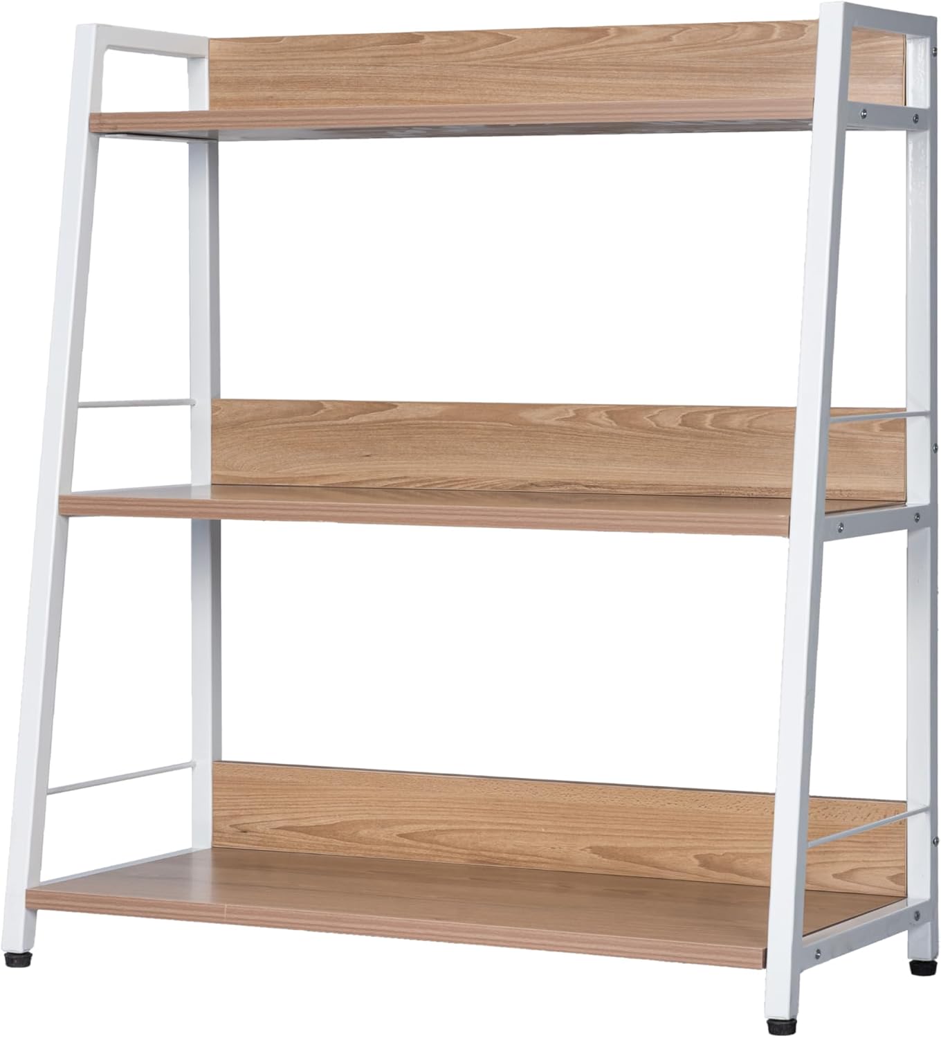 Kitchen Shelf, 3 Tier Ladder Shelf, Freestanding Book Shelf and Kitchen Storage Shelf Organizer, Wood and Metal Display Shelf for Living Room, Kitchen, Bedroom, Office (White, 3 Tier)