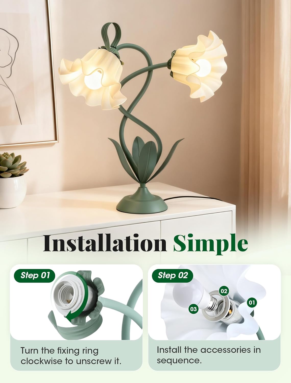 Flower Desk Lamp, Vintage Bedside Table Lamp for Bedroom, Flexible LED Reading Light with 3 Color Modes and Clamp, Unique Aesthetic Home Living Room Decor Dorm Essentials Valentines Day Gifts(Green)