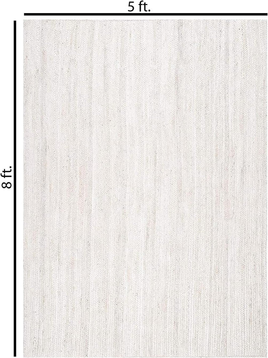 100% Jute Area Rug 5x8 Feet- Braided Design Hand Woven Off-White Natural Fibers Carpet - Home Decor for Living Room Hallways (5' x 8', Off-White)