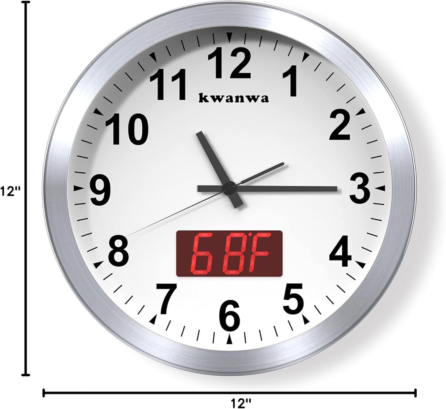 Wall Clock, 12" Metal Quartz LED Wall Clock, 1.4'' Light Sensor Auto Digital LED Time Display or Temperature, Adjustable Brightness, Battery Operated, Non Ticking Silent Quiet Sweep Second Hand