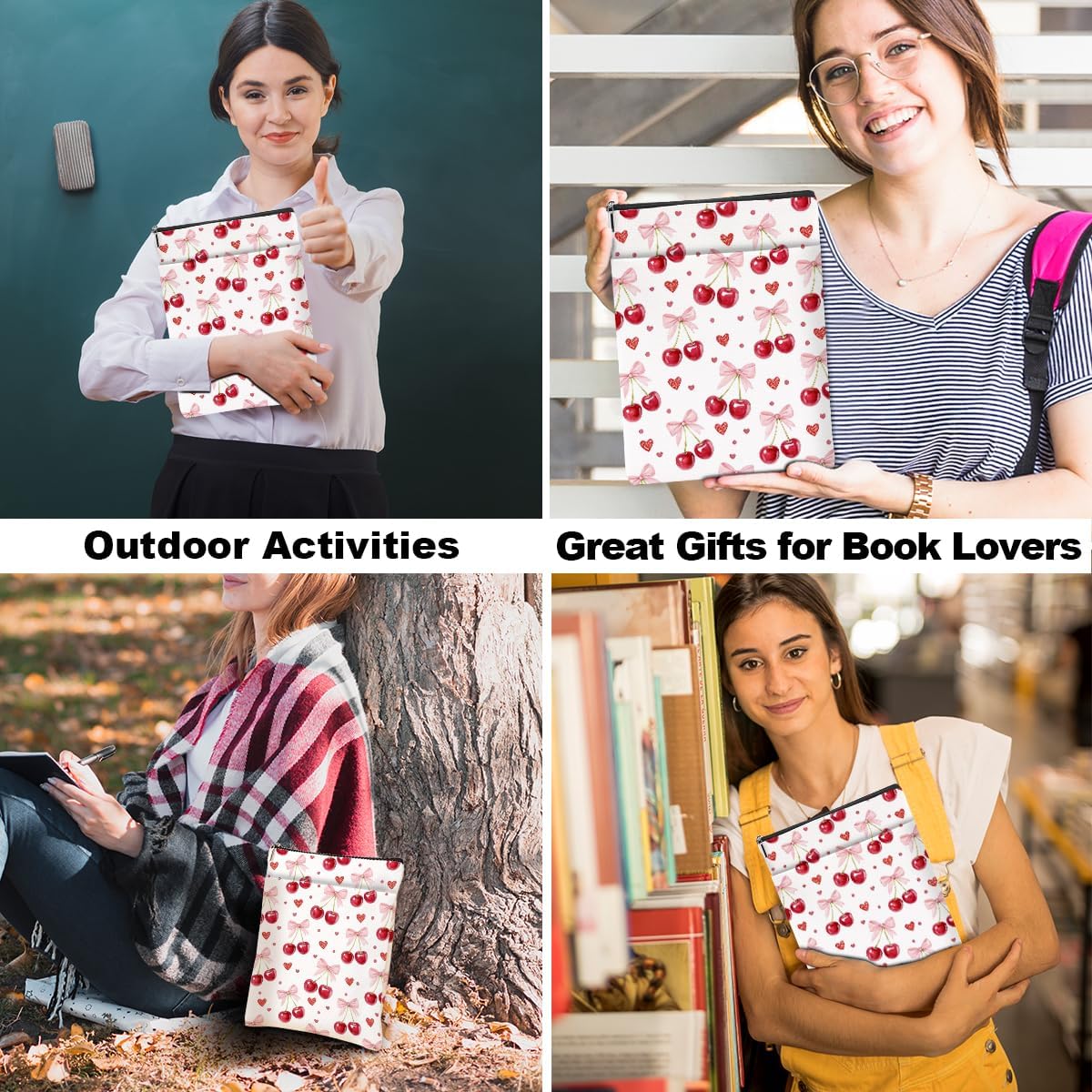 Cherry Bows Decor Book Lovers Gifts Waterproof Book Sleeve Books Pouch Books Protector with Zipper and Front Pocket Bookish Gifts Cover Case for Women Girl Friend Reader Reading Accessories