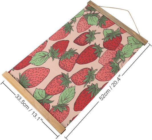 Vintage Strawberry Pattern Poster with Wooden Frame Personalized Linen Hanging Scroll Painting Rustic Wall Hanging Illustrative Modern Artwork Decor for Home Living Room Bedroom Office