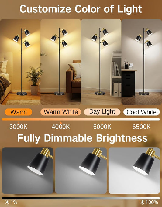 OUTON Tree Floor Lamp, LED Dimmable Floor Lamp with Remote and Touch Slide Control, 4 Color Temperatures, 3 Rotatable Lights, Modern Standing Lamp for Living Room Bedroom Office, Black Gold