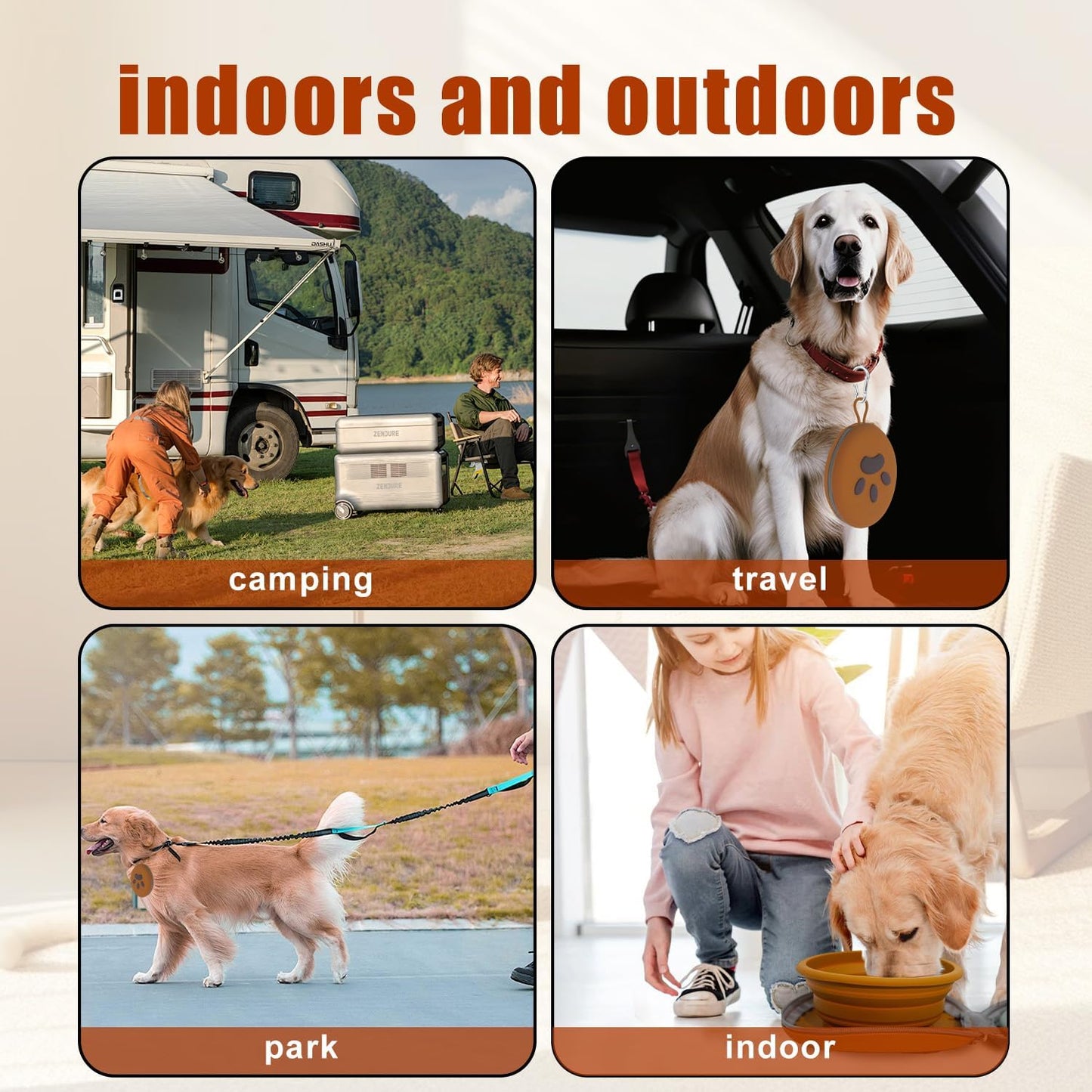 Collapsible Dog Bowls, 2-in-1 Silicone Pet Food and Water Bowl with Carabiner, Portable Double Compartment Dish for Travel, Camping, Hiking Puppy Essentials (Brown)