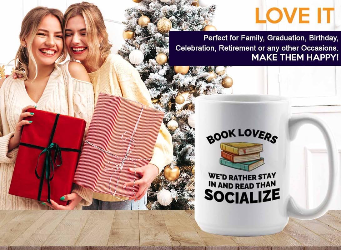 Book Lover Coffee Mug 15oz White - Read than socialize - Gift For Poets Bookish People Bibliophile Librarian Book Club Reader