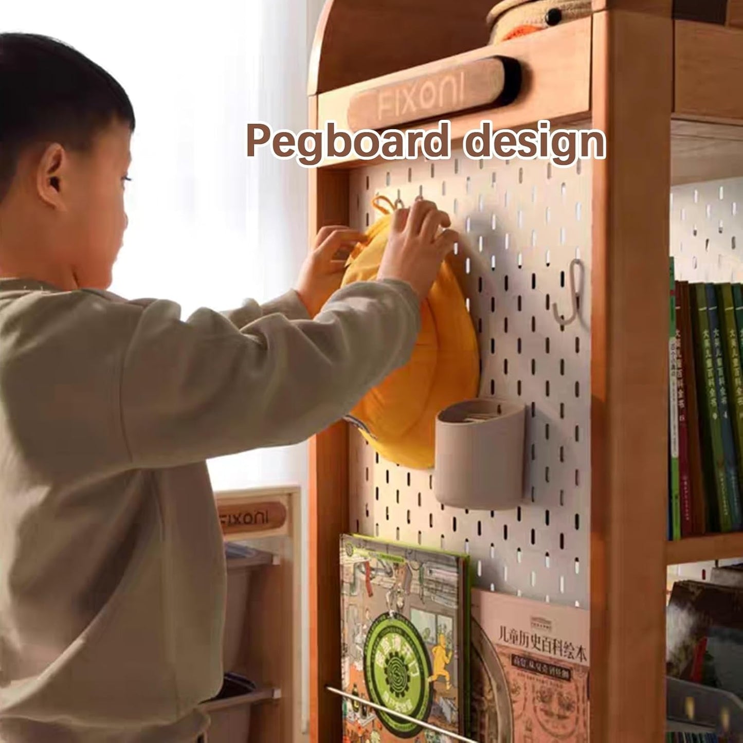 Rotating Bookshelf, Corner Shelf, Corner Bookshelf with Pegboard, Made of Solid Wood, Suitable for Children's Rooms, Study Rooms, Bedrooms, and Bookcases