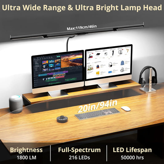 Desk Lamp, Clamp Desks Lamps for Home Office, 24W Flexible Gooseneck Table Lamp, 10 Color Modes & Brightness Eye-Caring Desk Light w/USB Adapter (12V2A Black)