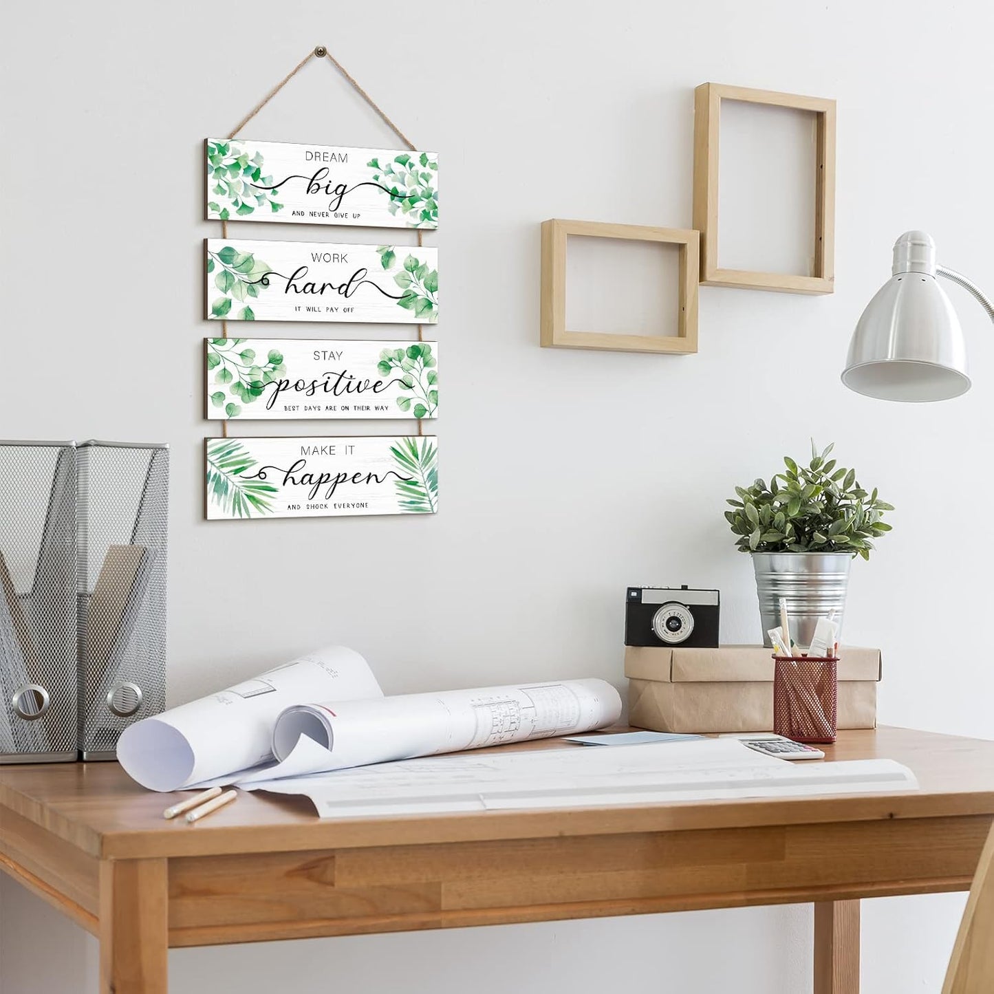 Glenmal 4 Pieces Wooden Inspirational Wall Art Motivational Office Wall Decor Positive Wood Wall Signs With Sayings Greenery Quotes Rustic Hanging Plaque for Home Living Room Bedroom