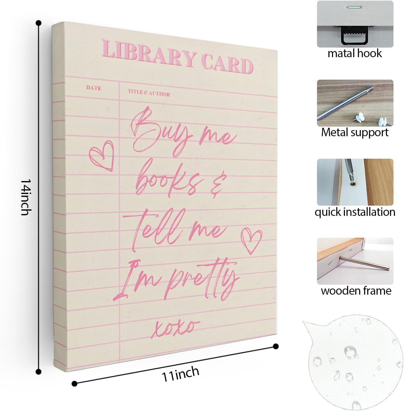 APJYM Trendy Preppy Pink Book Reading Wall Art, Buy Me Books and Tell Me I'm Pretty Library Card Canvas Wall Art for Classroom Girls Room Dorm Reading Nook Corner Room, 11x14 Inches Framed