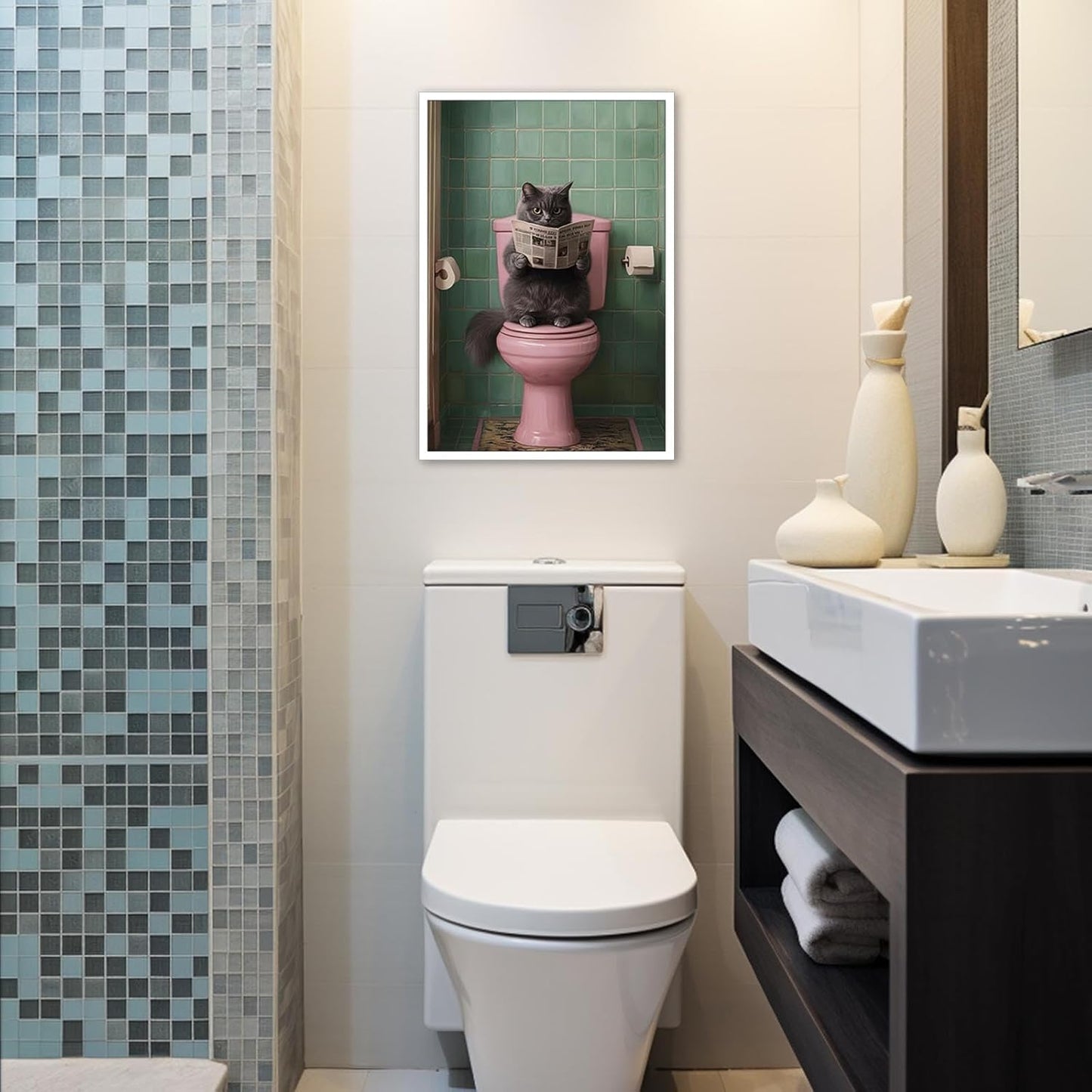 Funny Floral Art Quirky Bathroom Canvas Print Wall Art Poster Cat Reading Newspaper Print Unique Bathroom Decor Fun Animal Wall Art Funny Bathroom Sign 16X24 in Unframed