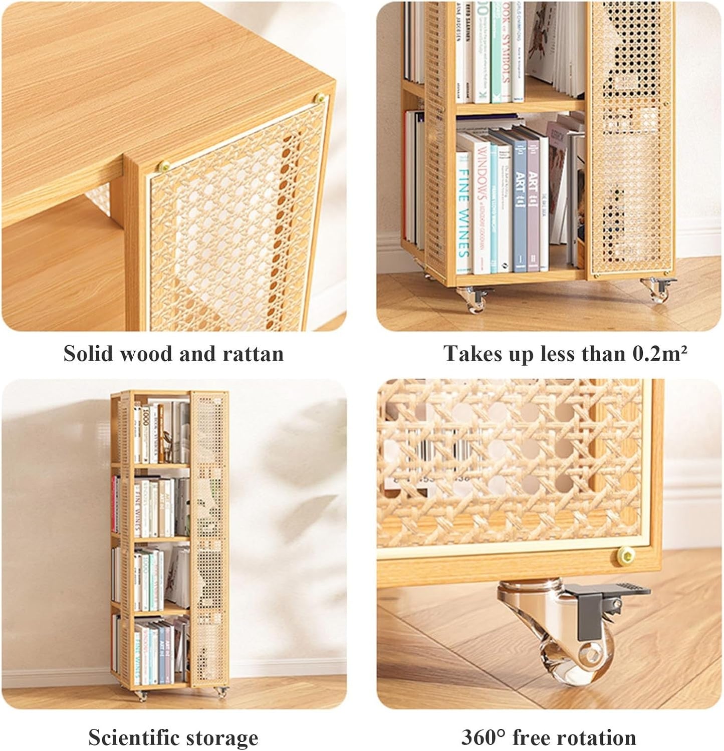 Rotating Bookshelf Tower 4/5 Tier Spinning Bookshelf Bamboo 360° Rotating Bookshelf Tower 360° Floor Standing Bookcase Storage Rack Media Display Rack Tower For Bedroom,Living Room(Brown,Four layers)