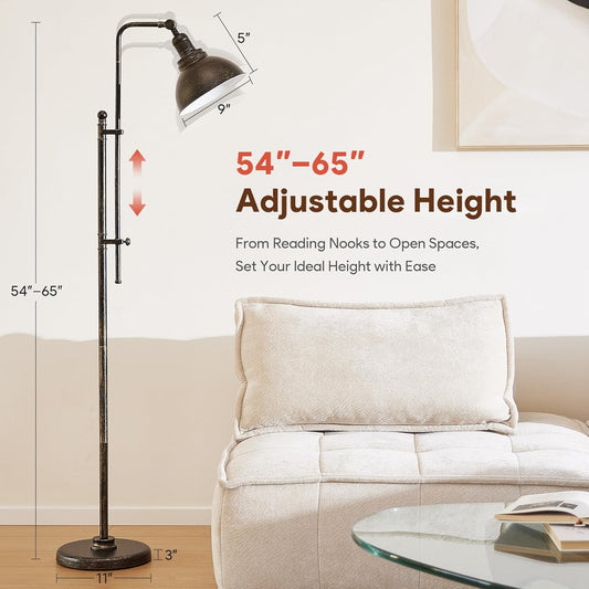 VONLUCE Floor Lamp for Living Room, 65" Tall Industrial Floor Lamp, Adjustable Height & Head Vintage Metal Standing Reading Pole Lamp for Bedroom, Office, Farmhouse
