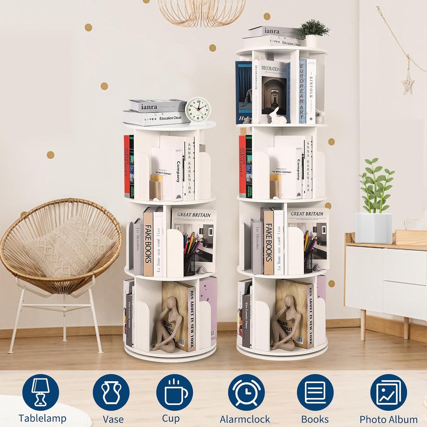 GarveeLife Wooden Rotating Bookshelf 4 Tier, 360° Floor-Standing Bookcase and Multi-Functional Storage Organizer for Living Room, Kids, and Adults White
