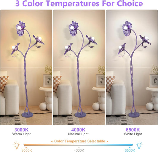 Vintage Flower Floor Lamp for Girls' Bedroom, Cute 3 Heads Floor Reading Light with Flexible Gooseneck, 3 Colors Crabapple Flower Modern Corner Standing Lamp for Living Room Office Home Decor (Purple)