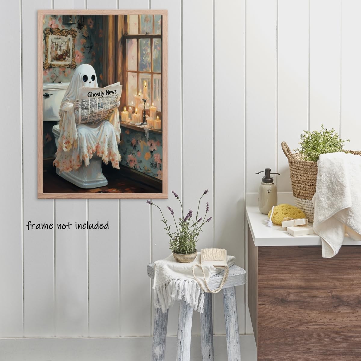 Funny Halloween Ghost Bathroom Wall Art Ghost Reading Newspaper on Toilet Canvas Poster Whimsical Dark Academia Pictures Print for Goth Home bathroom Toilet Decor Aesthetic 12x16inch Unframed