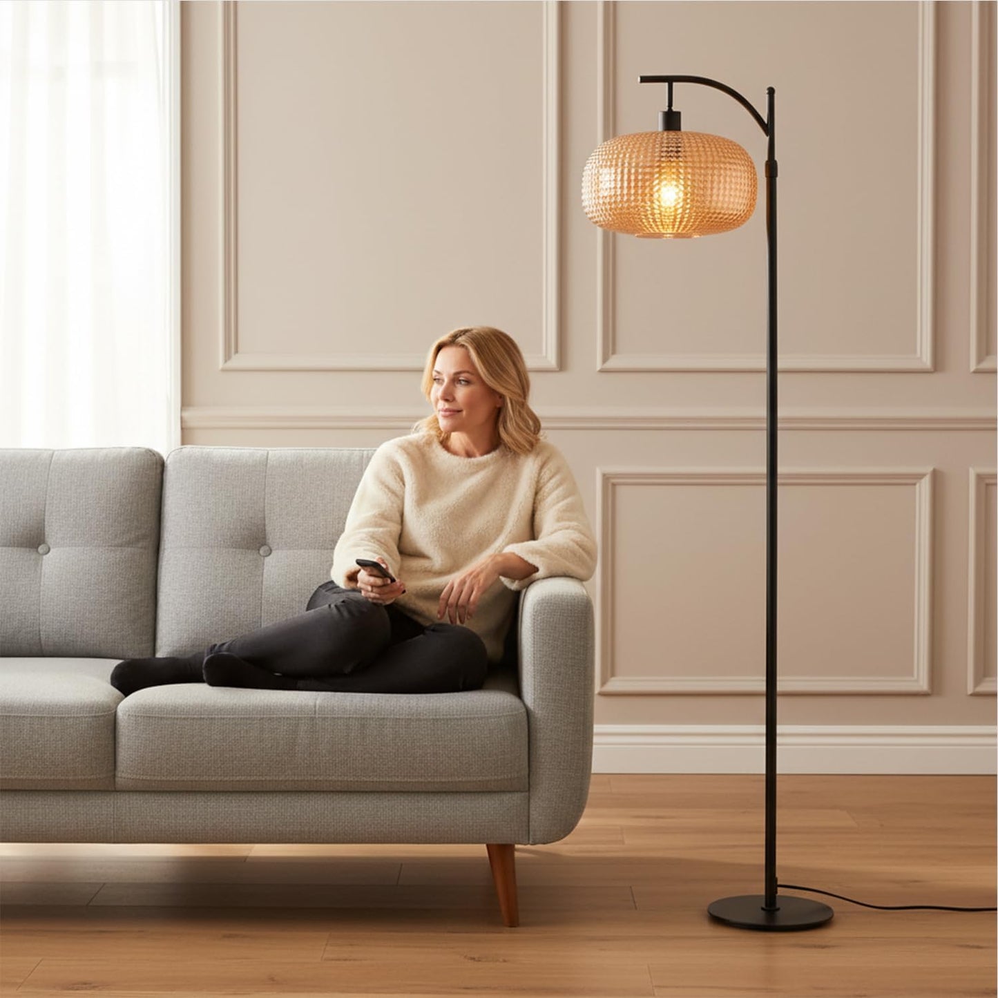 Modern Floor Lamps for Living Room, Dimmable Tall Standing Lamp with Amber Shade & Remote Control, Glass Floor Lamps for Bedroom Office Corner, 1 x 12W LED Bulb Included