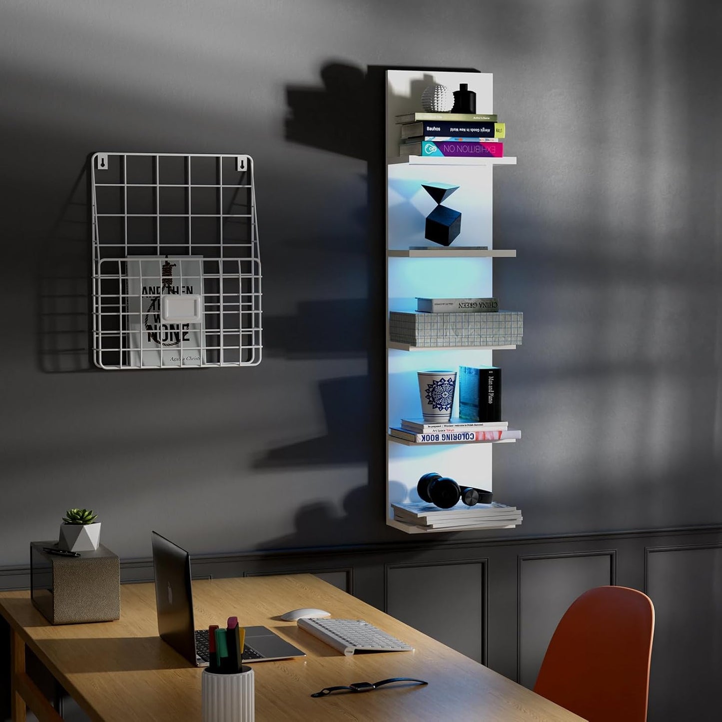 5-Tier Wall Shelf Unit with RGB Light, Floating Lack Shelf for Wall Storage, Wall Mounted Vertical Display Shelf for Bedroom Living Room Vanity, White