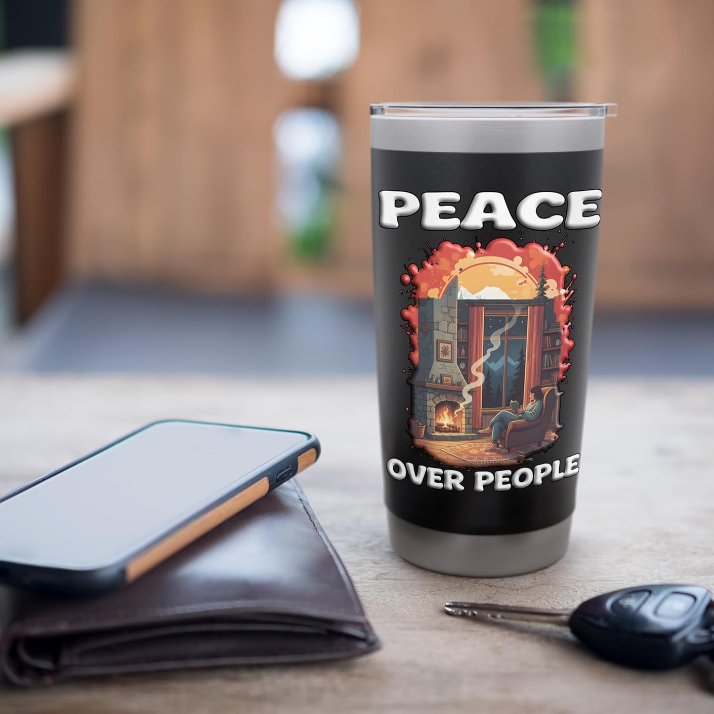 PEACE OVER PEOPLE Reading at the Fireplace Home Alone Free Stainless Steel Insulated Tumbler