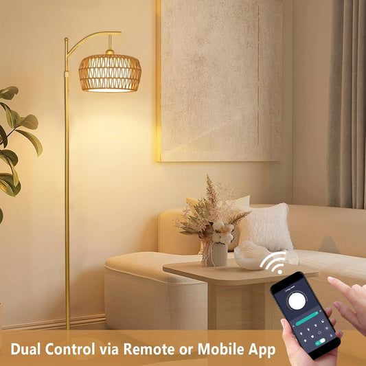 Gold Floor Lamps for Living Room, Boho Rattan Floor Lamp with Remote and Dimmable Bulb, 3 Color Temperatures, Modern Arc Standing Lamp with Wicker Shades, Farmhouse Tall Lamp for Bedroom