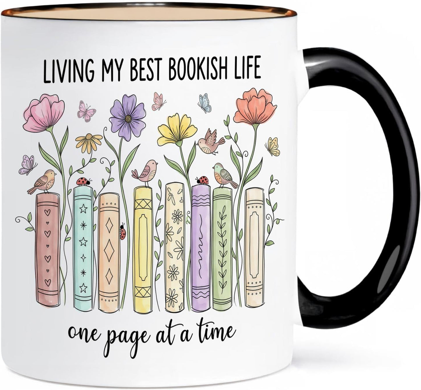11 Oz Interior Black Ceramic Book Lover Mug With Floral Bookshelf Illustration, Double Sided Print, Dishwasher And Microwave Safe Coffee Cup For Readers