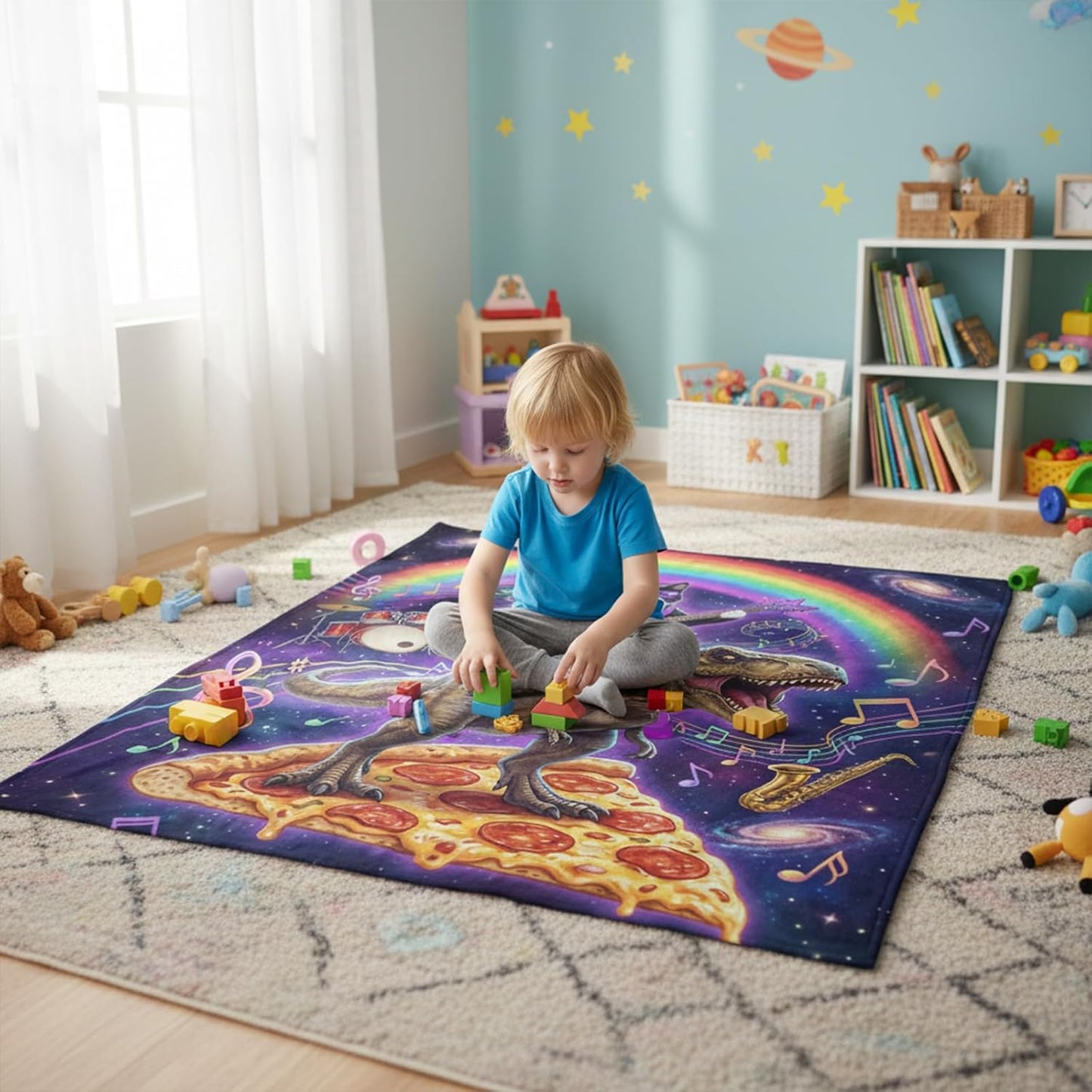 Funny Rock Cat Throw Blanket, Music Cat Pizza Dinosaur Musical Galaxy Soft Cozy Flannel Blanket for Music Lovers, 50×60 inch