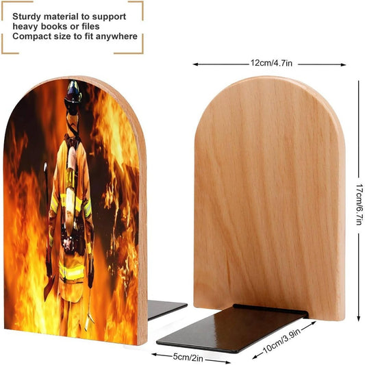 Firefighter Fireman Flame Wooden Bookend Non-Slip Book Ends Heavy Duty Book Stopper with Metal Base Books Holderd Decorative Bookends Stands Firmly for Office Supplies